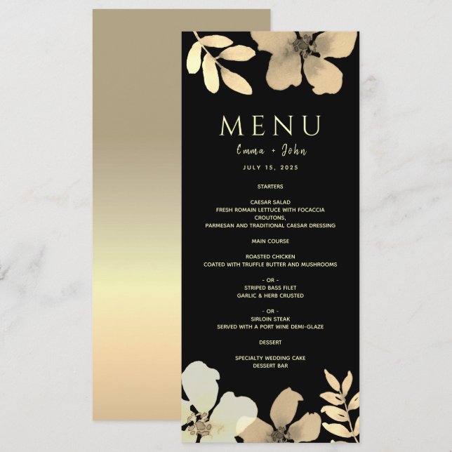 Menú de boda dorado floral y negro (Anverso / Reverso)