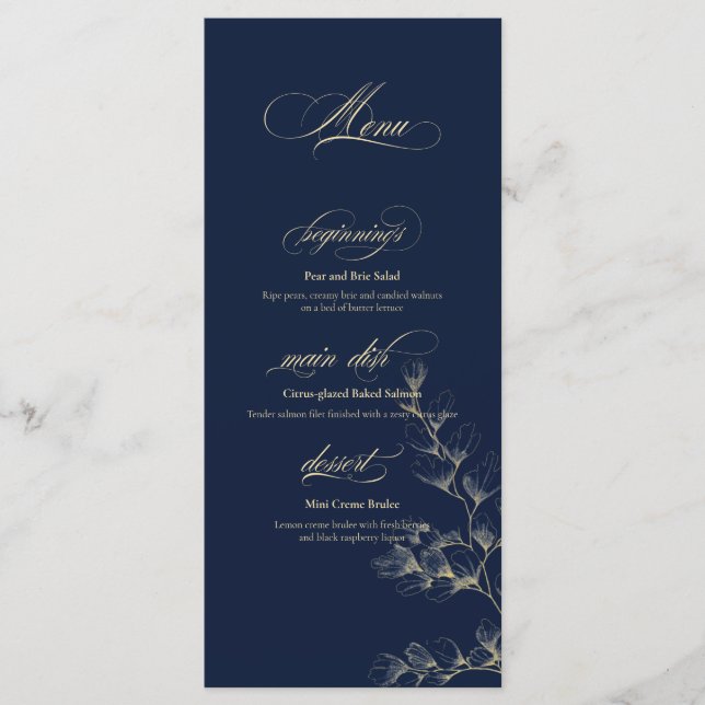 Menú de Boda Dorado y Azul Marino (Anverso)