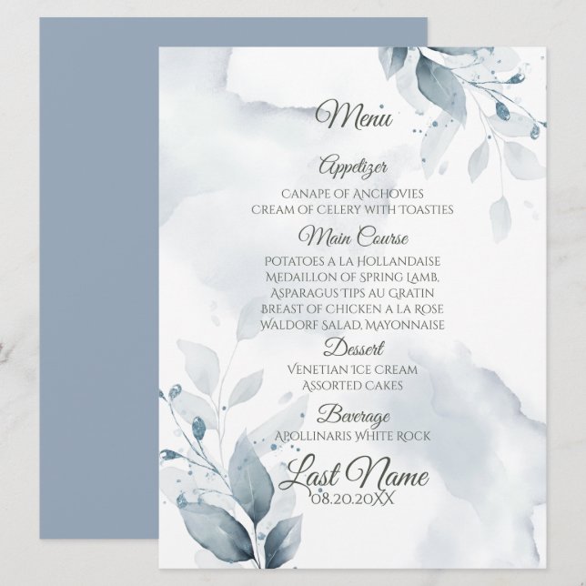 Menú de boda | Dusty Blue Botanical Menu (Anverso / Reverso)