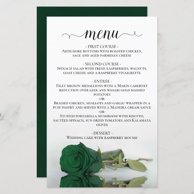 Menú de Boda Económico con Elegante Rosa Verde Esm (Anverso / Reverso)