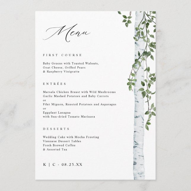 Menú de Boda Elegante Abedul Álamo Verdor (Anverso)