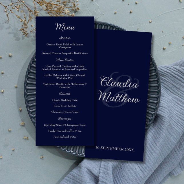 Menú de Boda Elegante Azul Marino y Letra Plata (Elegant Navy Blue & Silver Script Wedding Menu)