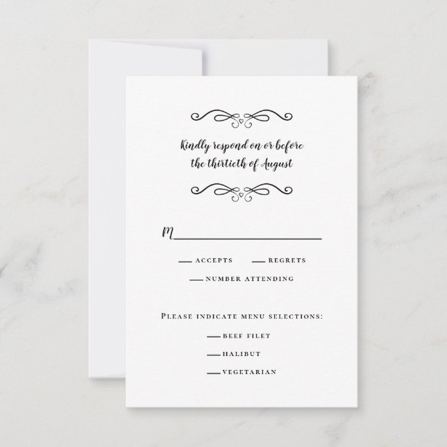 Menú de Boda Elegante Blanco y Negro Clásico (Anverso)
