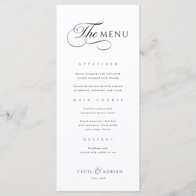 Menú de Boda Elegante Caligráfico Blanco y Negro (Anverso)
