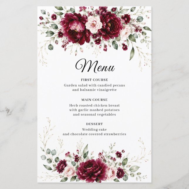 Menú de Boda Elegante con Floral de Borgoña (Anverso)