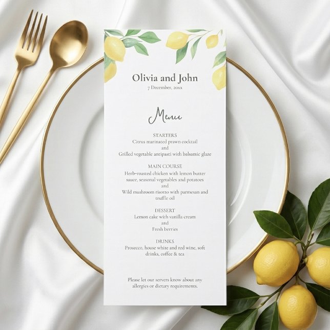 Menú de Boda Elegante con Follaje de Limón en Acua (Watercolor Lemon Foliage Elegant Wedding Menu )