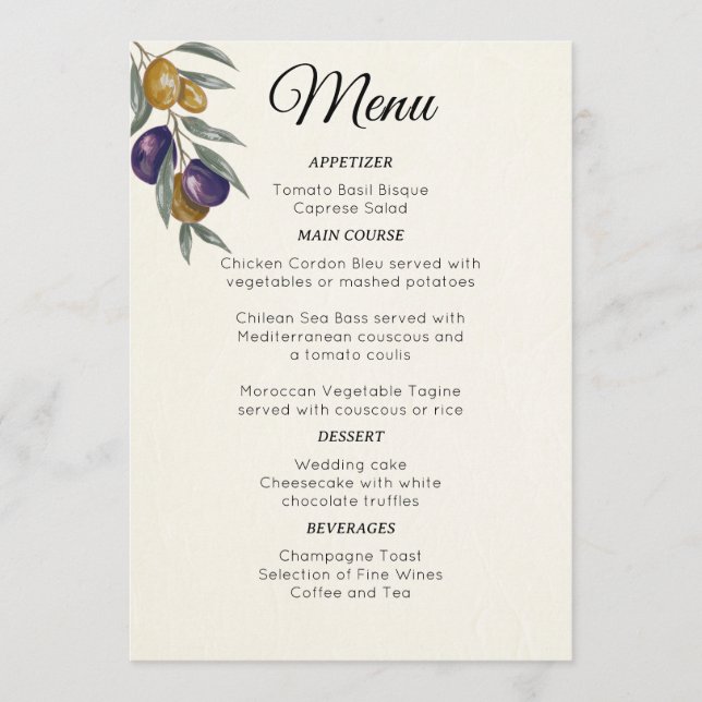 Menú de Boda Elegante de Acuarela de Olivo (Anverso)