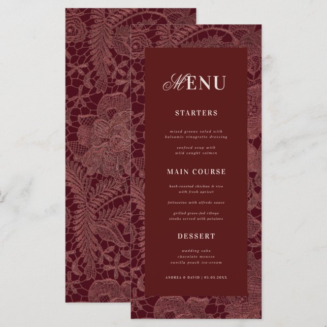 Menú de Boda Elegante de Encaje Borgoña (Anverso / Reverso)