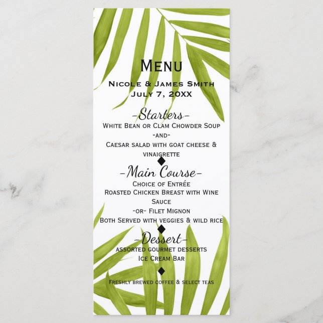 Menú de Boda Elegante de Hojas Tropicales de Veran (Anverso)
