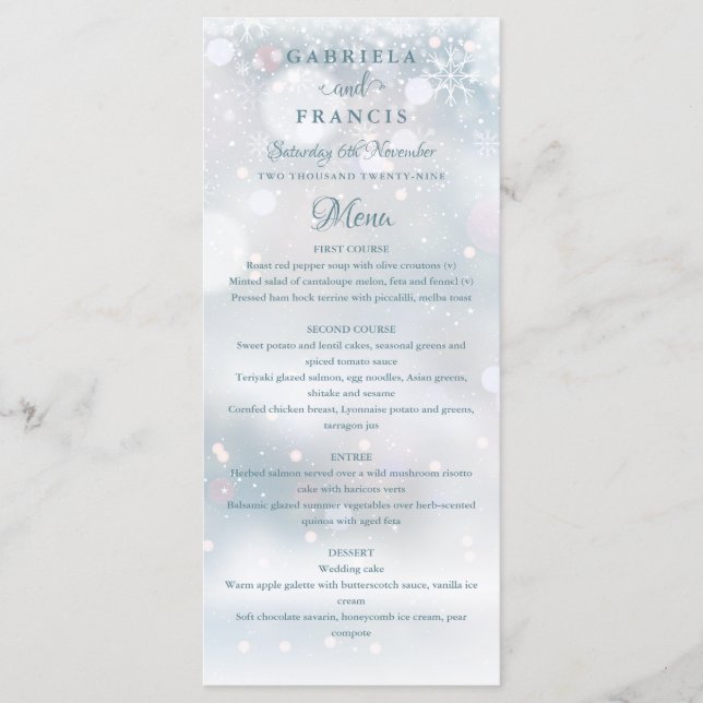 Menú de Boda Elegante de Invierno Copos de Nieve (Anverso)
