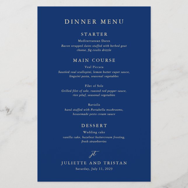 Menú de boda elegante de navy y crema clásico (Frente)