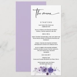 Menú de boda elegante de plata y púrpura 