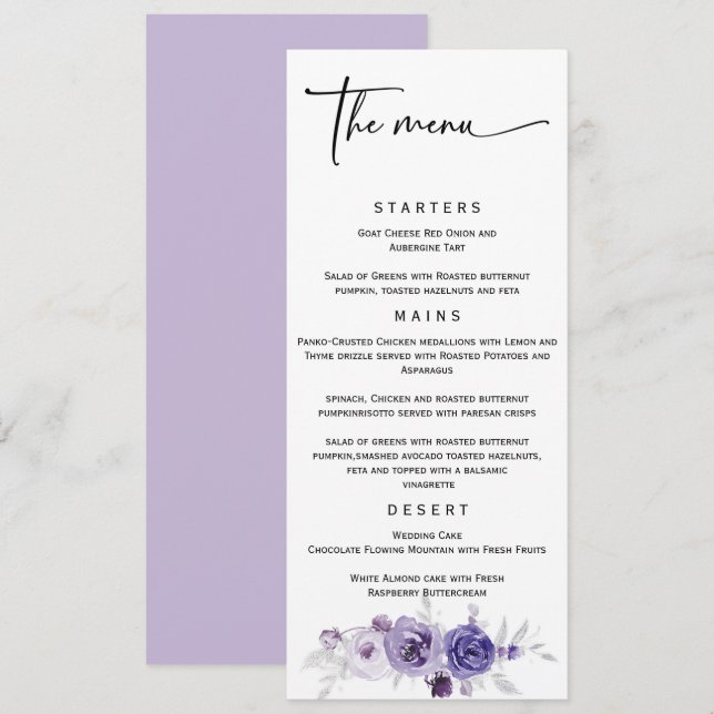Menú de boda elegante de plata y púrpura  (Anverso / Reverso)