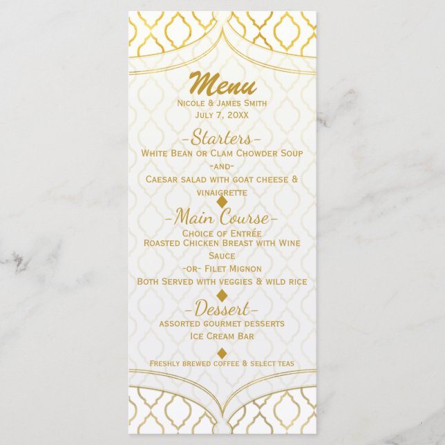 Menú de boda elegante dorado y blanco con glamour  (Anverso)
