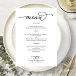 Menú de boda elegante en azul marino con letra scr<br><div class="desc">Una sencilla tarjeta de menú de boda con caligrafía chic. Ofrezco un servicio de personalización gratuito; si tiene alguna pregunta o solicitud especial,  por favor no dude en hacérmelo saber.</div>