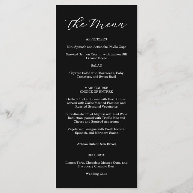 Menú de Boda Elegante en Blanco y Negro (Anverso)