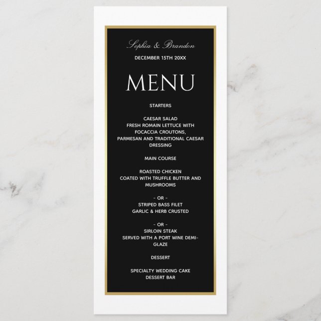 Menú de Boda Elegante en Blanco y Negro (Anverso)