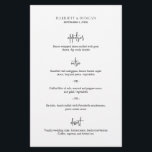 Menú de Boda Elegante en Blanco y Negro Atemporal<br><div class="desc">Menú de boda clásico y elegante que presenta un diseño simple con los títulos de los platos en una tipografía moderna.  La limpieza y minimalismo de este menú de boda en blanco y negro lo hacen ideal para una boda tradicional y formal.</div>