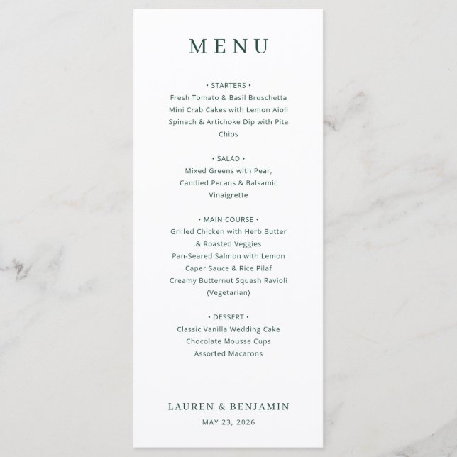 Menú de Boda Elegante en Blanco y Negro con Serif (Anverso)