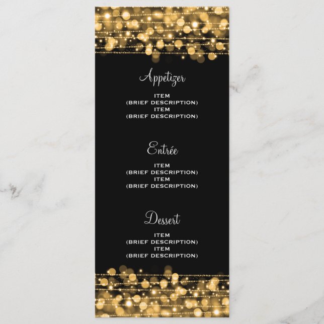 Menú de Boda Elegante Fiesta Destellos Dorado (Anverso)