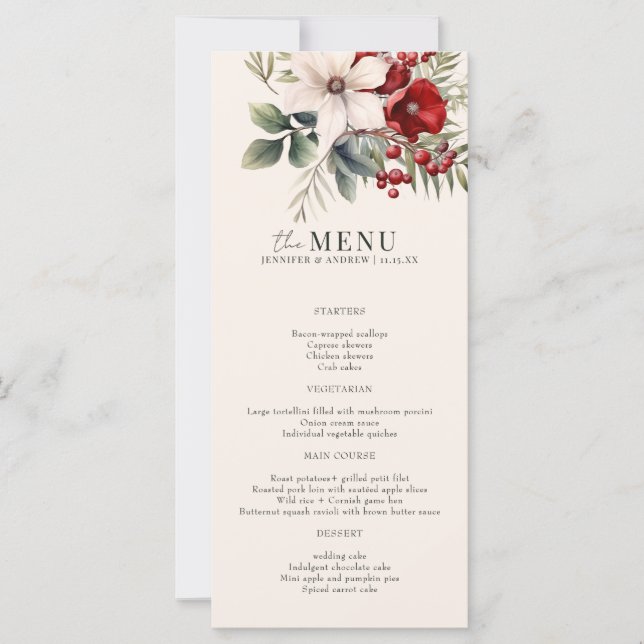 Menú de Boda Elegante Floral de Invierno de Navida (Anverso)