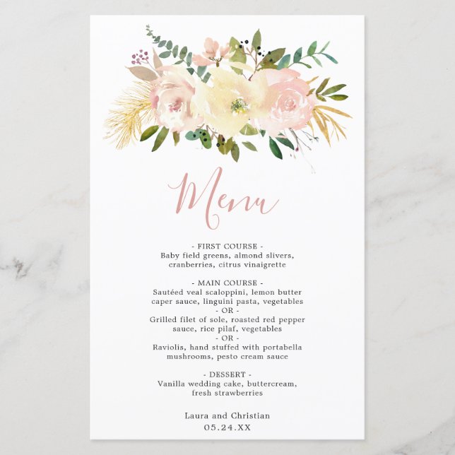 Menú de boda elegante floral rosa rubor (Anverso)