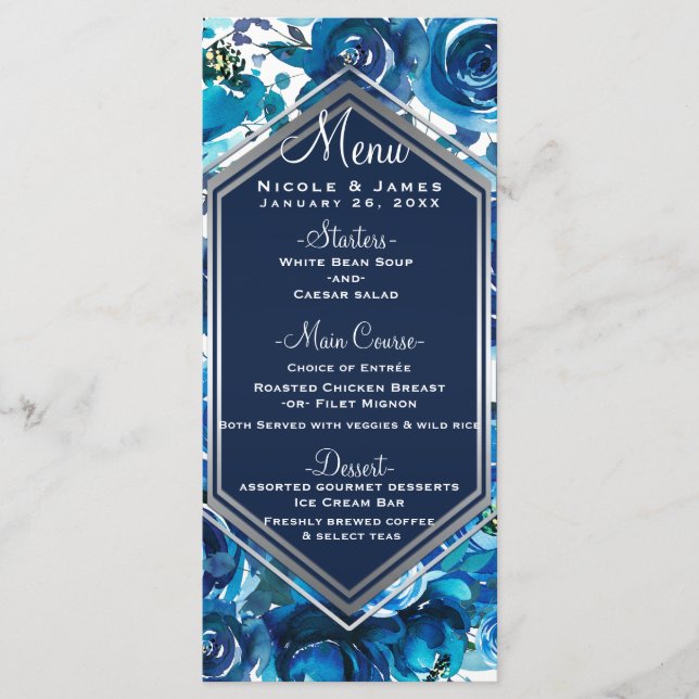 Menú de Boda Elegante Flores Florales Índigo Azul (Anverso)