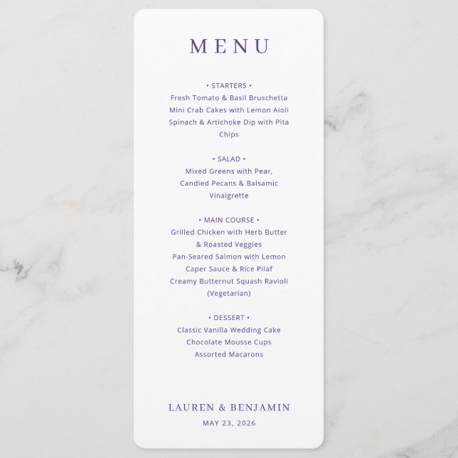 Menú de Boda Elegante Lavanda (Anverso)