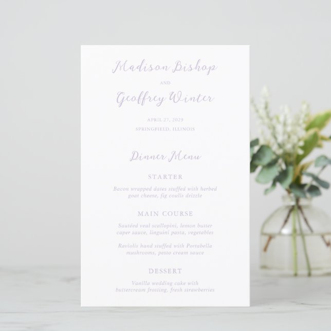 Menú de Boda Elegante Lila Letra Negrita (Anverso de pie)