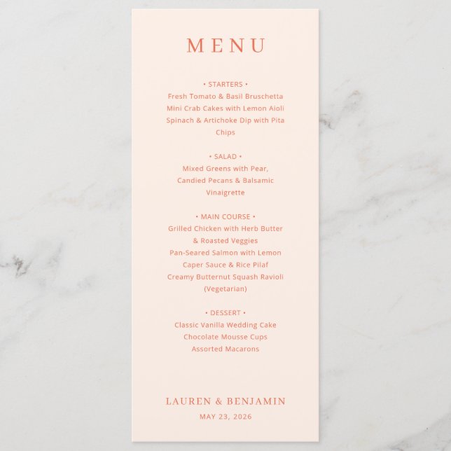 Menú de Boda Elegante Melocotón Serif (Anverso)
