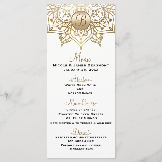 Menú de Boda Elegante Moderno Blanco Mandala Dorad (Anverso)