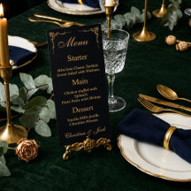 Menú de Boda Elegante Negro y Dorado