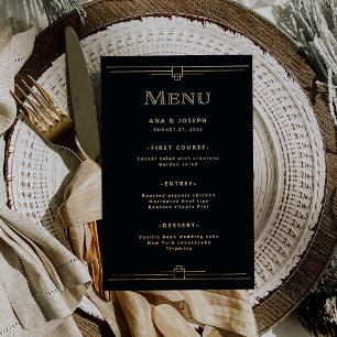 Menú de Boda Elegante Negro y Dorado Deco Moderno