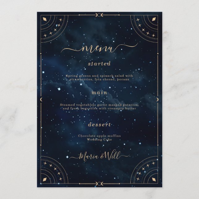 Menú de boda elegante noche estrellada (Anverso)