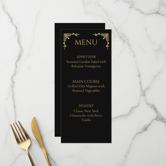 Menú de Boda Elegante Ónix Negro y Dorado (Anverso/Reverso In Situ)