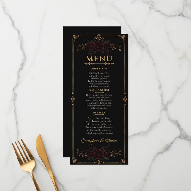 Menú de Boda Elegante Oscuro Gótico (Anverso/Reverso In Situ)