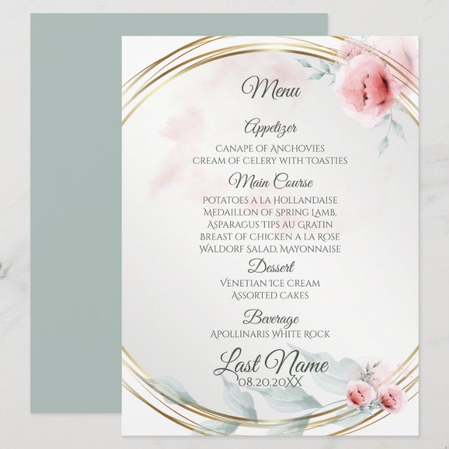 Menú de boda | Elegante Peony de Rubor Rosa (Anverso / Reverso)