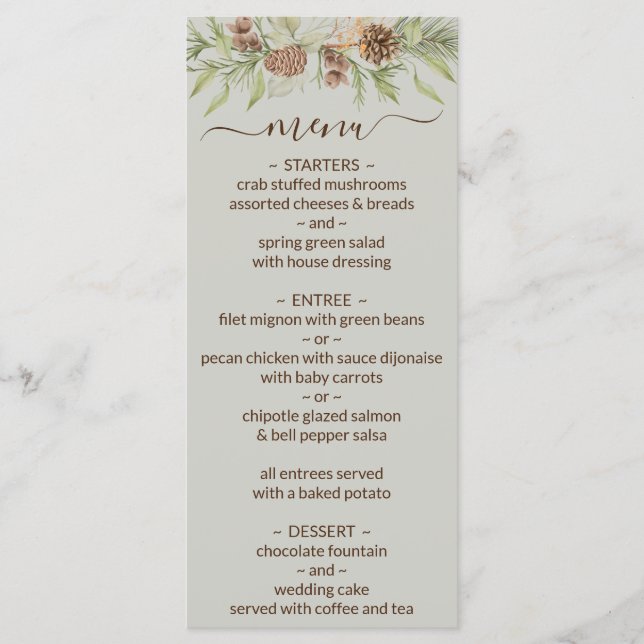 Menú de Boda Elegante Script Beige de Invierno (Anverso)