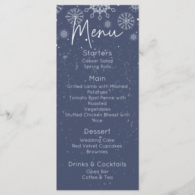 Menú de Boda Elegante Tema Invierno Copo de Nieve  (Anverso)