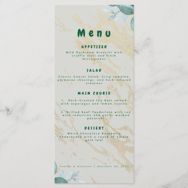 Menú de Boda Elegante Verde Salvia y Dorado (Anverso)