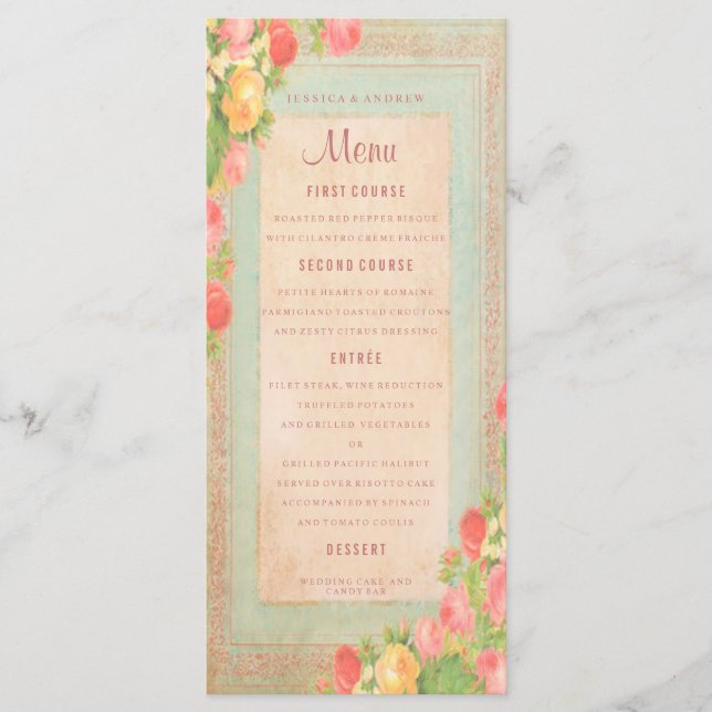 Menú de Boda Elegantes Rosas Vintage (Anverso)