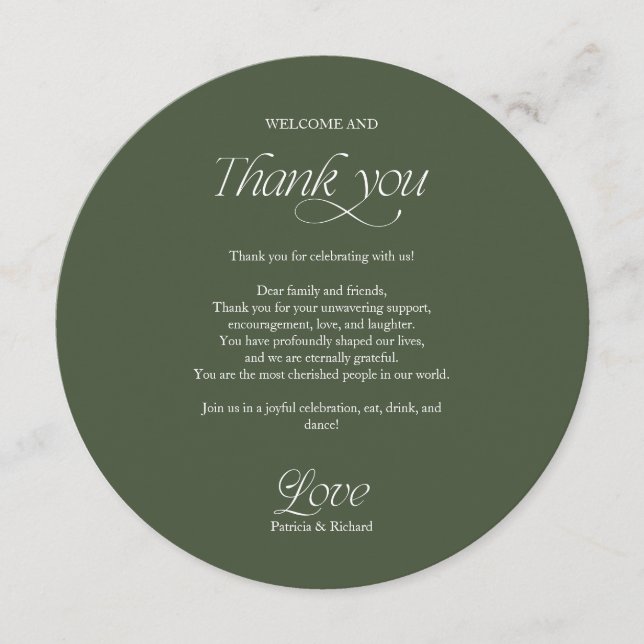 Menú de Boda en Círculo Verde y Tarjeta de Agradec (Anverso)