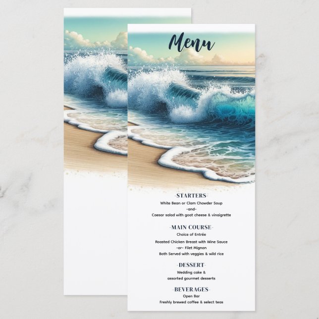 Menú de Boda en la Playa Costera con Olas del Océa (Anverso / Reverso)