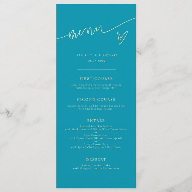 Menú de Boda en Script Moderno Aqua Azul (Anverso)