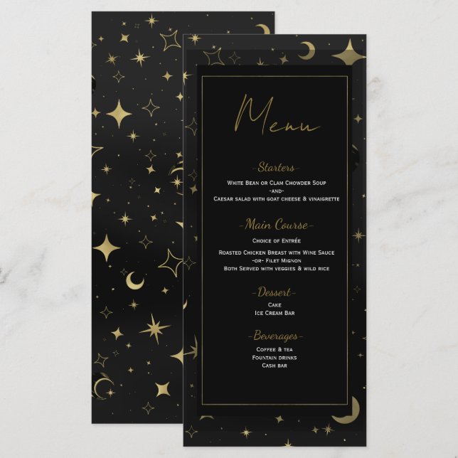 Menú de Boda Estrellas de la Luna Celestial Negro  (Anverso / Reverso)