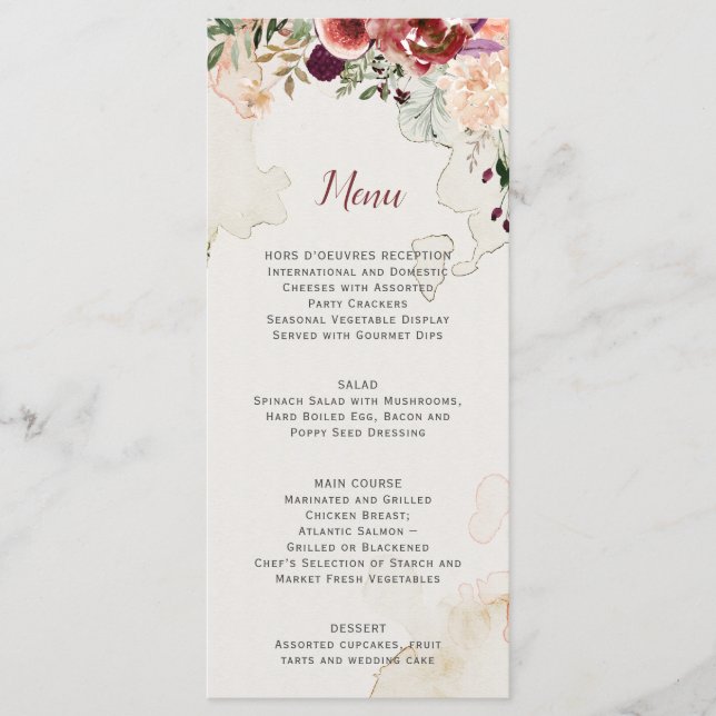 Menú de Boda Floral Acuarela Boho Otoño Rústico (Anverso)
