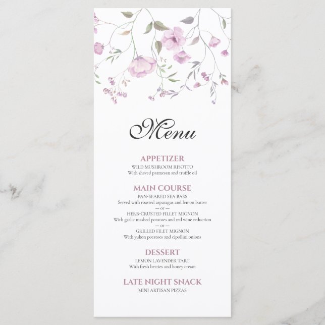 Menú de Boda Floral Acuarela Elegante Rosa (Anverso)