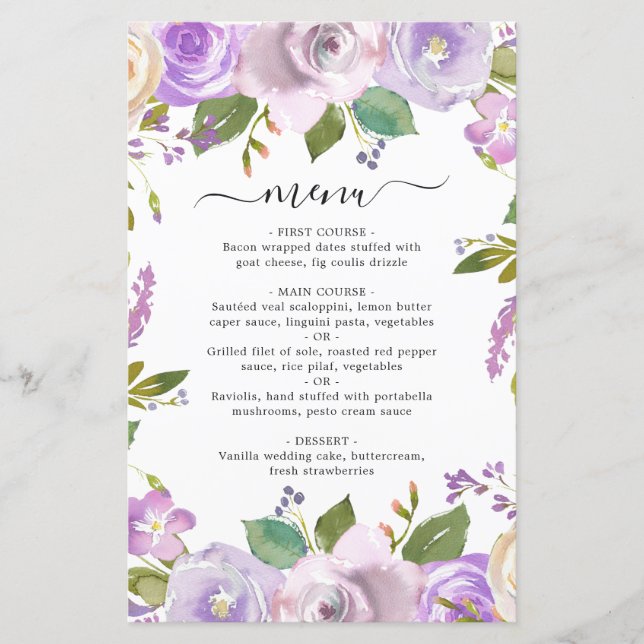 Menú de boda floral acuarela lila elegante (Anverso)
