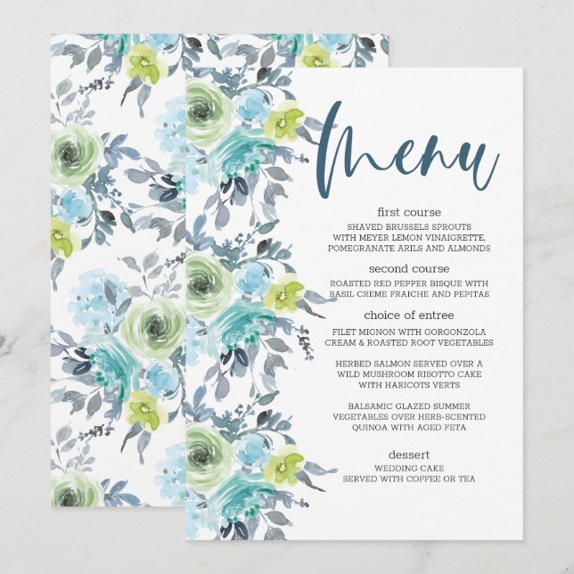 Menú de Boda Floral Amarillo Azul Claro Verde (Anverso / Reverso)