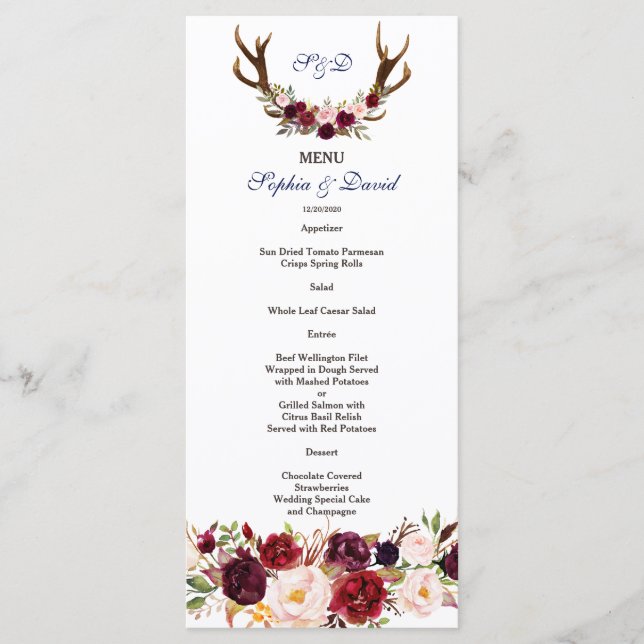 Menú de Boda Floral Antílope Burgundy Chic Marsala (Anverso)